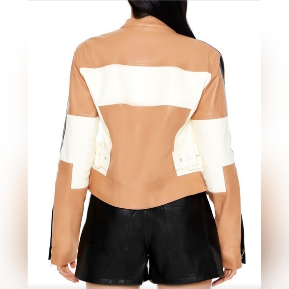 Vegan Leather Striped Color-block Moto Jacket Brown White MEDIUM - Picture 4 of 14